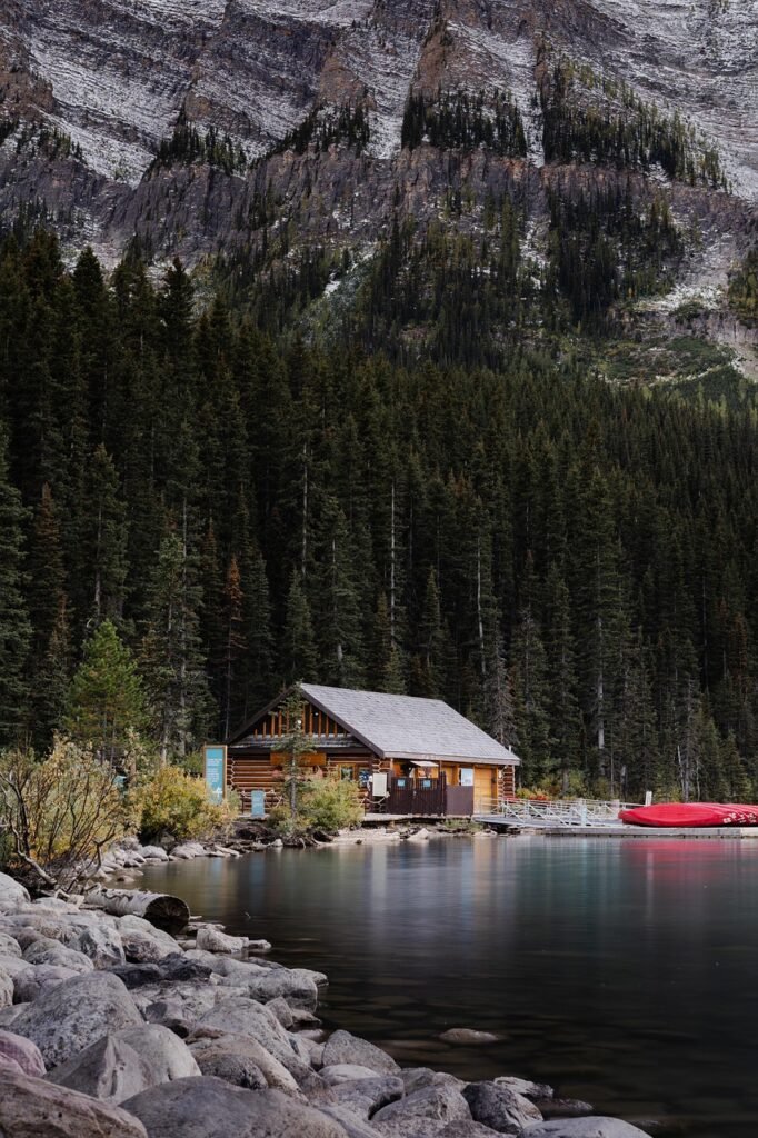 house, lake louise, architecture, lake, alberta, canada, banff, mountain, landscape, nature, trees, forest